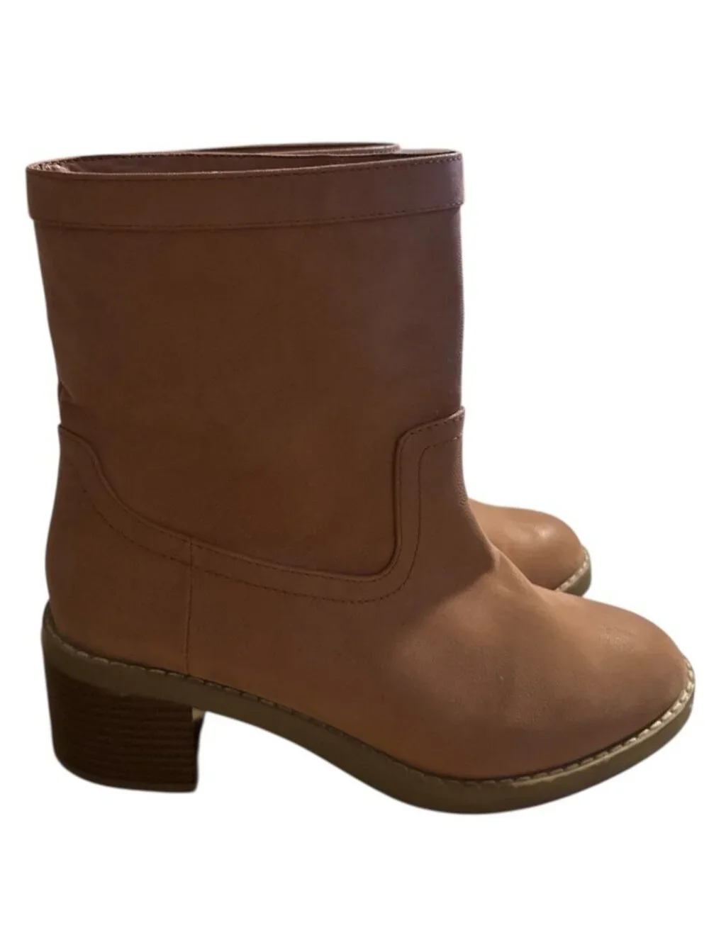 Loft Women High Ankle Booties Faux Suede Cognac Amber Block Heels Size 8M